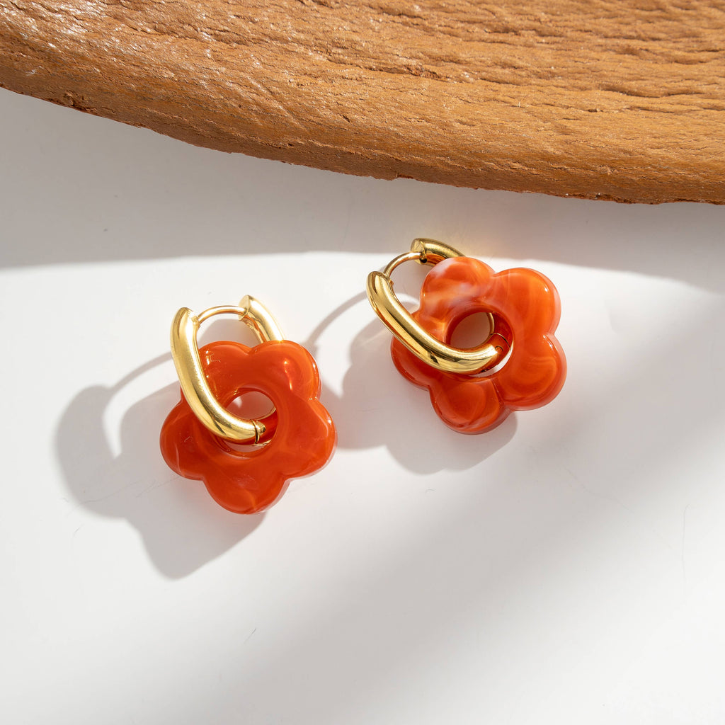 Boucles Oreilles Fleur Anneau Doré Colorées