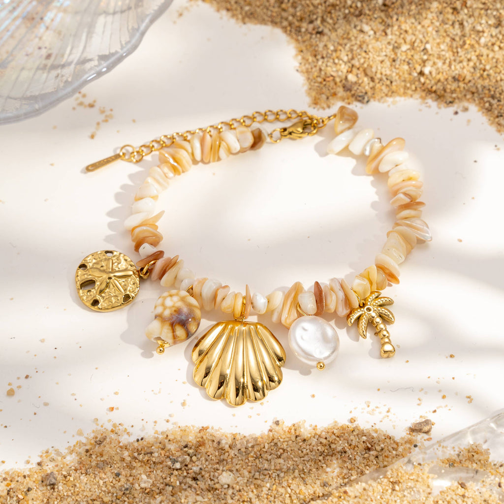 Bracelet Perles Coquillages Naturels Charms Acier Inoxydable
