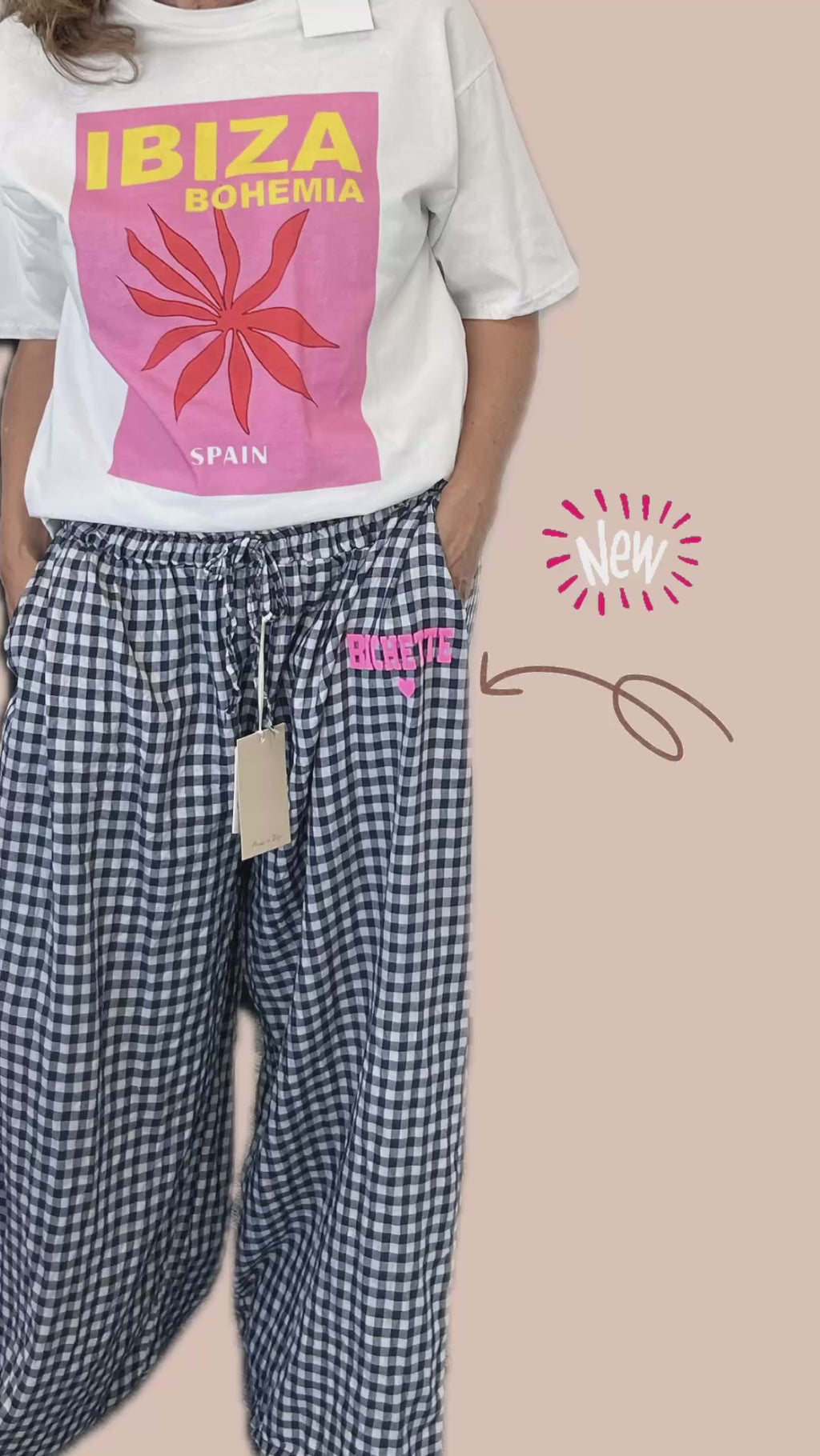 Pantalon vichy bleu marine élastique BICHETTE rose